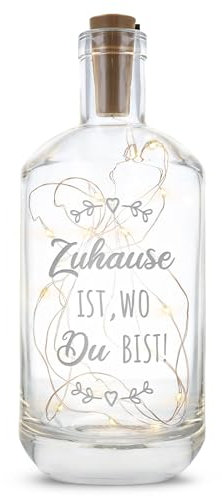 GRAVURZEILE Botella con grabado – Hogar es donde estás – Decoración para interior con cadena de luces LED – Regalo para él y para él para cumpleaños, día de San Valentín, Navidad