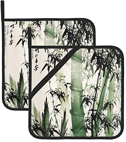 Chinesische Bemalung von Bambus-Topflappen-Sets (zweiteiliges Set): 20,3 x 20,3 cm, dick und langlebig, verbrühungssicher, wärmeisolierend