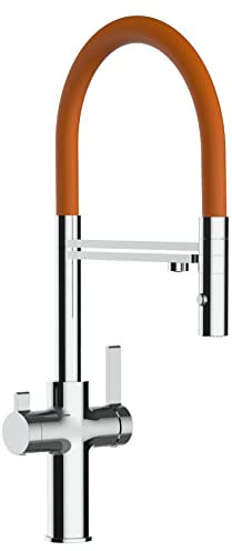 NIEDERDRUCK 3 Wege Wasserhahn Küchenarmatur Spültischmischer, Verchromt mit 360° schwenkbarem Auslauf, abnehmbare 2 strahl Handbrause, Flex-Schlauch oben in Orange - VZFC Linie