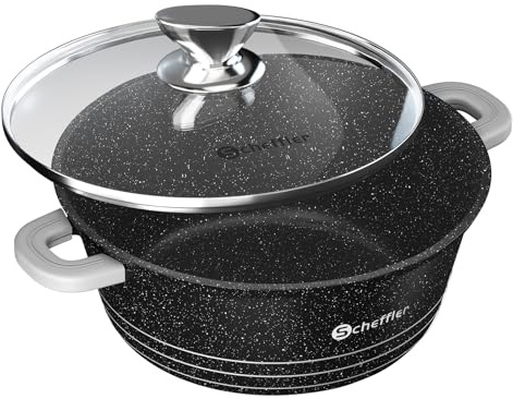 Topf Scheffler Schmortopf Induktion 24cm/4L Kochtopf mit Glasdeckel | Aluminiumguss, Antihaftbeschichtung , Aluguss, 2 Silikon Griffschutz, für alle Herdarten Schwarz