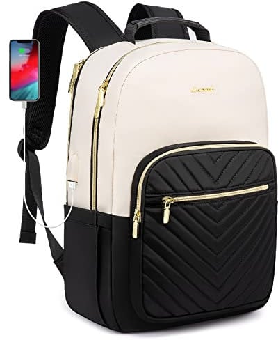 LOVEVOOK Laptop Backpack Womens,15.6 Inch Rucksack Bag for Women,School College Travel University Back Pack,Lightweight Large Work Bags with USB Charging Port, Ladies Backpacks, Black Beige