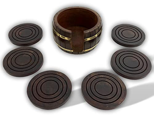 6x Untersetzer in Box Holz Messing Fass Weinfass Holzuntersetzer Antik-Stil