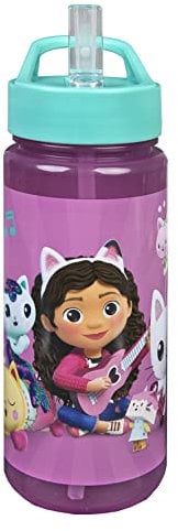 Scooli Gabby's Dollhouse Drinking Bottle for Children with Motif Plastic Water Bottle BPA Free Approximately 500 ml Capacity Integrated Straw Ideal for School