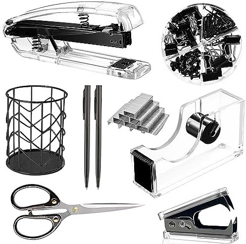 Büro-Schreibtisch-Zubehör, Bürobedarf-Set, Acryl-Heftklammer-Set, Heftklammerentferner, Klebebandhalter, Stifthalter, 2 Kugelschreiber, Schere, Binder-Clips, Büroklammern und 1000 Heftklammern