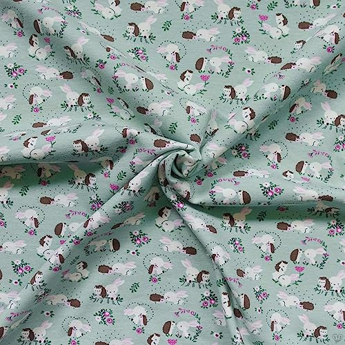 Jersey Kinderstoff Hase und Igel Kindermotiv ab 0,5x1,5m Baumwoll-Stoff Meterware Oeko-Tex, Farbe:blassgrün