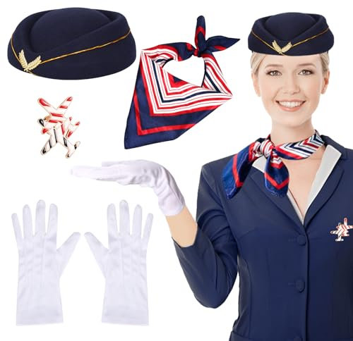 XEPST 4PCS Costume d'Hôtesse de l'Air pour Femme-Accessoires de Costume d'Hôtesse de l'Air avec Chapeau d'Hôtesse de l'Air Gants Écharpe Broches pour Femmes Filles Costume d'Halloween Carnaval Cosplay