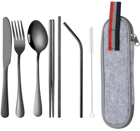 Set di posate da campeggio da 8 pezzi con chiusura lampo, posate in acciaio inox, posate portatili, posate da viaggio all'aperto, set da picnic, riutilizzabile, colore nero