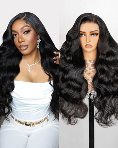 MEGALOOK Perücke Damen 13x4 Body Wave Lace Front Wig Bleached Knot 34 Inch | Pre-Plucked Hairline with Baby Hair, Perücke Damen Echthaar, Brazilian Virgin Hair, Wigs for Black Women, Lace Frontal Wig