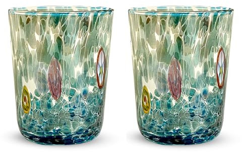 Gocce di Murano 2 Bicchieri Acqua Lavorati Secondo la Tradizione degli Artigiani di Murano, Bicchiere Soffiato e Lavorato a Mano 300 ml - Bicchieri Acqua Vetro Arcobaleno Pioggia