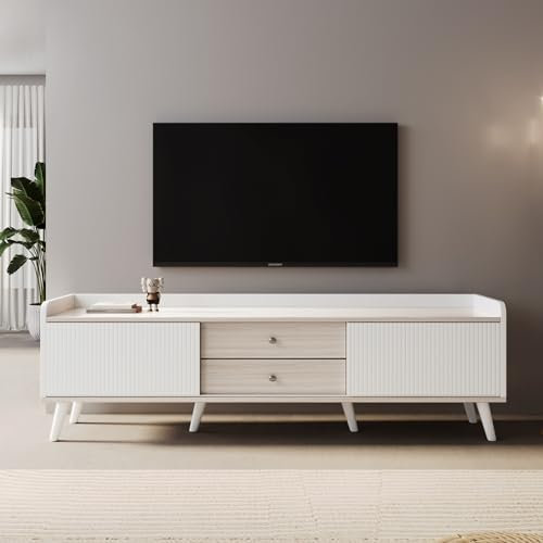BTM TV-Schrank mit Zwei Schubladen, Fernsehtisch TV Board, TV- Lowboard niedrige Platte mit Zwei Schiebetüren. Exquisite Textur. Weiß und natürliches Holzfarbe. H58/L160/T40 cm