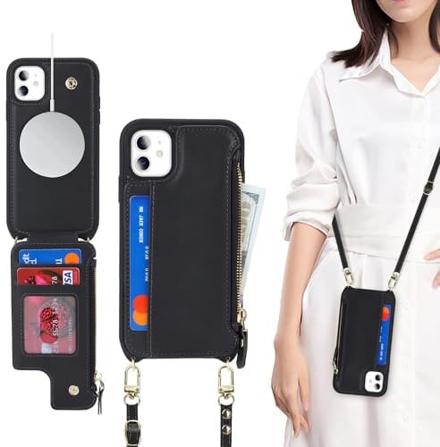 SailorTech for iPhone 11 Case with Credit Card Holder magsafe, iPhone 11 Phone Leather Case Wallet for Men Crossbody with mag safe Zipper Shockproof Case for Women - Black