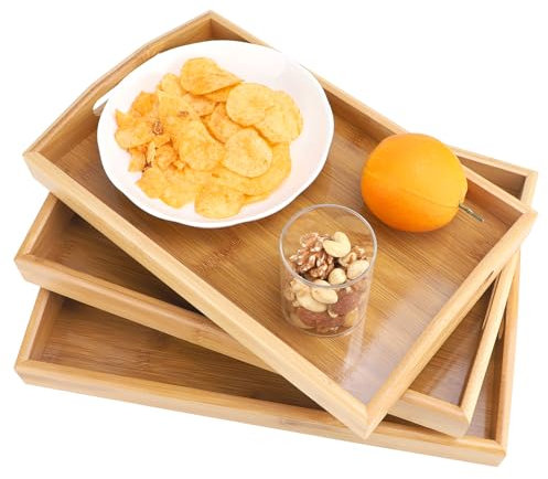 DBREAKS Bandeja Bambú para Servir con Asas, Bandeja Madera Rectangular, Bandejas para Servir Comida, Bandeja para el Desayuno, Bandeja Grandes, moyennes et Petites, Juego de 3