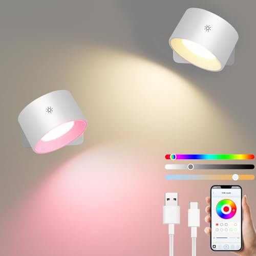 Diealles Shine LED Wandleuchte Innen 2 Stück, Aufladbare Wandleuchten mit 3 Helligkeit und 3 Farbe, 360° Drehbarer Touch Control Akku Wandlampe für Schlafzimmer Küche Wohnzimmer (2 Stück Weiß RGB)