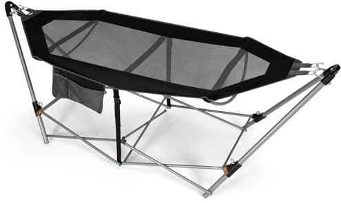 DREAMADE Hängematte mit faltbarem Gestell, tragbares Hängemattengestell Set bis 150kg belastbar für den Outdoor Indoor Garten Terrasse Balkon Camping, Tragetasche inkl. (Schwarz)
