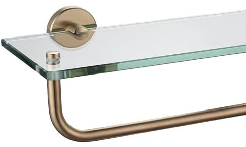 JQK Badezimmer-Glasregal, Regal mit 38,1 cm Handtuchstange, gehärtetes Glas, Duschaufbewahrung, 40,6 x 12,7 cm, 304 Edelstahl, Champagner-Bronze, Wandhalterung, TGS100L16-CB