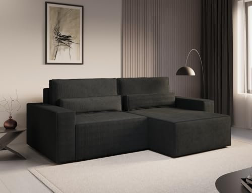MOEBLO Ecksofa Denver Mini – Ecksofa aus Cord, Schlafsofa Sofagarnitur Sofa Eckcouch L-Form Cordstoff mit Bettkasten und Schlaffunktion, Ottomane beidseitig montierbar (Schwarz)