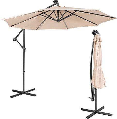 COSTWAY 3M Garden Cantilever Parasol, Outdoor Offset Banana Hanging Umbrella with 32/40 Solar-Powered LED Lights and Tilted Design, Sun Shade Canopy for Poolside, Deck & Patio (Beige)