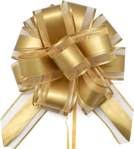 FQTANJU 5 PCS 6 inches Large Pull Bows, Bow for Gift Wrapping, Ribbon Bows for Wedding Christmas Birthday Party Gift Baskets or Valentine's Day Flower Gift Boxes Decoration (Gold)