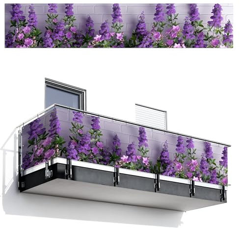 MuchoWow© Sichtschutz/Balkon Einseitig 95x500 cm Groß PVC Terrassen Garten ohne Bohren Wetterfest Gartenzaun Terrasse Balkonschutz Garten Deco Balkonomrandung Blumen - Violett - Steinoptik