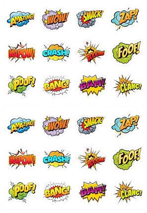PRE-CUT Superhero Callout Speech Bubbles Party Pack - Edible Cupcake Toppers/Cake Decorations (Pack of 24) Premium Wafer Card