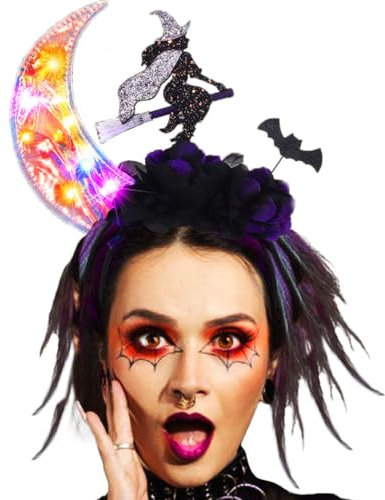 Reaky Halloween Leuchtendes Stirnband LED Beleuchtung Mond Stirnbänder Schwarzes Blumenstirnband Festival Hexenkostüm Haarschmuck für Frauen