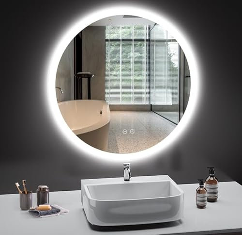 PESENXAN Runder Spiegel mit Beleuchtung, 60x60cm Badspiegel mit Beleuchtung Rund 3 Lichtfarbe Einstellbare, Dimmbar, LED Spiegel Bad mit Touch-Schalter, Speicherfunktion, Warmweiß/Kaltweiß/Neutral