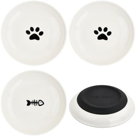 Wisebom 3 Pcs Ceramic Cat Bowls with Non-Slip Silicone Bottom, Wide Shallow Cat Food Dishes Cat Wet Food Bowls Anti Whisker Fatigue Cat Dishes Cat Feeding Bowls for Kittens Rabbit Hamster