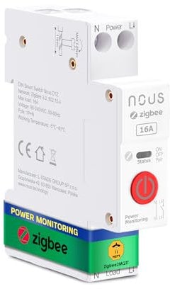 Nous Interrupteur Zigbee DIN, 16A Interrupteur Intelligent Avec Surveillance Énergétique, Compatible Avec Zigbee2MQTT, Home Assistant, Alexa et Google Home, Contrôle des applications, Contrôle vocal