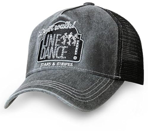 STARS & STRIPES Western-Mode Trucker Cap LINE Dance – Grau & Schwarz mit Used-Look & Bestickung | Verstellbare Snapback-Cap