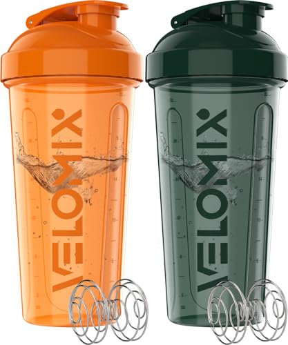 VELOMIX Shaker bottles 2 pack orange and green -2 Pack- 28 oz Protein Shaker Bottles for Protein Mixes - 2x Wire Whisk | Leak Proof Shaker Cups for Protein Shakes | Protein Shaker Bottle Pack