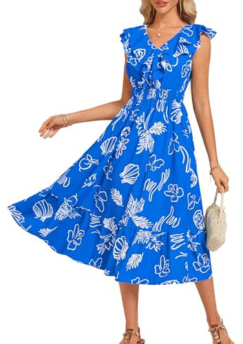 GRACE KARIN Robe pour Femme Robe trapèze à Volants avec col en V Imprimé Floral sans Manches Plage Été Élégant Fleurs Roses et Bleues et Blanches S