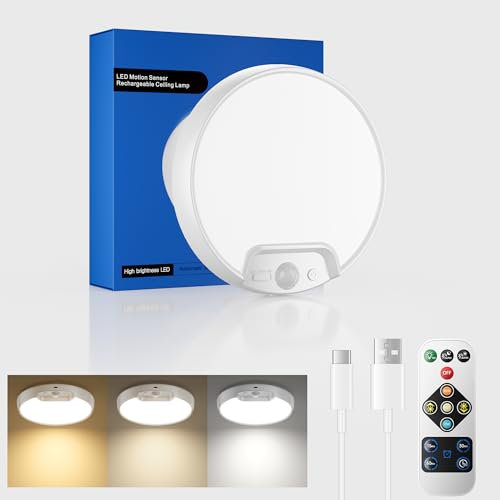 Homelist Rechargeable Ceiling Light Motion Sensor, New Upgraded 3 Color Temps Battery Light with Remote Control, 500LM 8000mAh Wireless Sensor Lights for Porch, Shed, Loft, Wall, Bedroom, Bathroom