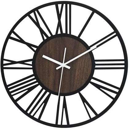 K&L Wall Art große MDF Holz Wanduhr XL Industrielle Metalluhr Vintage Wohnzimmeruhr lautlos Quartz Uhrwerk ohne Tick-Geräusche (Nussbaum Holzoptik, Ø 40cm)