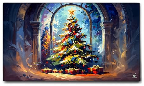Giallobus - Quadro - 01 - Albero di Natale finestra - Tela Canvas Telaio Standard - 70L x 40l cm - Pronto da appendere - Quadri moderni per la casa