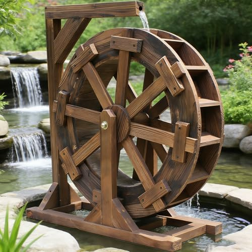 Fuente de noria de jardín, fuente de agua autogiratoria de madera con soporte, decoración exterior para estanque y piscina, fuente ornamental vintage para circulación de agua de piscina(20cm)