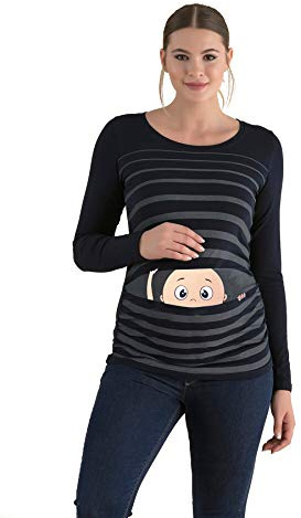 M.M.C. Umstandsshirt Langarm Damen mit Guck-Guck-Motiv – Umstandsmode T-Shirt für die Schwangerschaft, mitwachsende Raffung, 95% Baumwolle