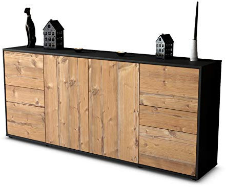 Stil.Zeit Sideboard Gemma, Korpus anthrazit matt, Front Holz-Design Pinie (180x79x35cm) Push-to-Open Technik & Leichtlaufschienen