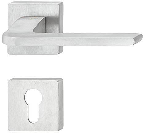 JUVA Drückergarnitur Messing Türbeschlag Chrom matt Türgriff Zimmertür - LDH 3235 | PZ - Zylinder | Drücker-Paar mit eckiger Rosette | 1 Set - Design Türdrücker-Garnitur für Innentüren mit Schrauben