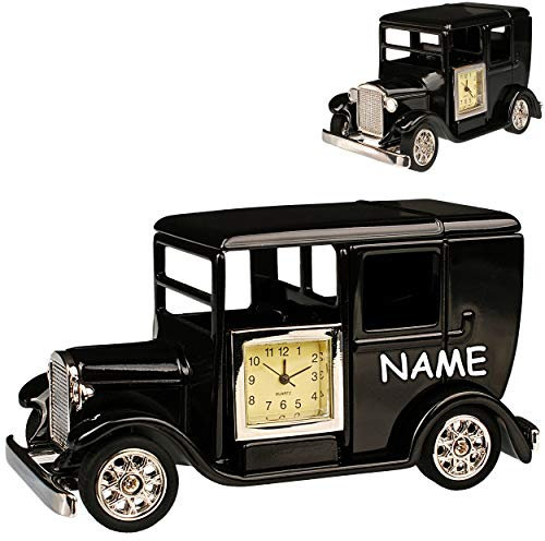 alles-meine.de GmbH kleine - Tischuhr/Miniatur - Uhr - Oldtimer - Auto/Taxi - inkl. Name - aus Metall - 10,5 cm - batteriebetrieben - Analog - Batterie - schwarz - Silber - Z..