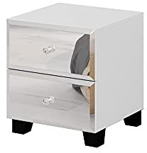Furniture24 Nachttisch, Nachtkommode, Verspiegelt Nachtschrank Bellagio 19 mit 2 Schubladen (Weiß/Spiegel)
