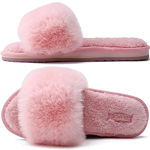COFACE Pantoufles d'hiver pour Femme, Chaussons pour la Maison, Peluche Fourrure Antidérapantes Bout Ouvert - 40 EU - rose fourrure