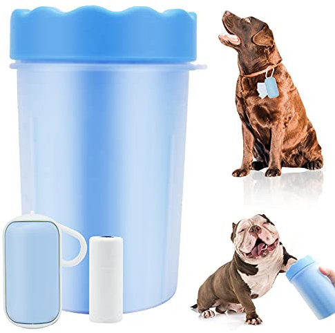 KOOLPUG Dog Paw Cleaner, Paw Cleaner Cup with Dog Poo Bags Leash Dispenser, Dog Paw Washer, Pet Paw Cleaner with Waste Bags, Pet Cleaner, Perfect for Removing Dirts After Daily Walk (Small, Blue)