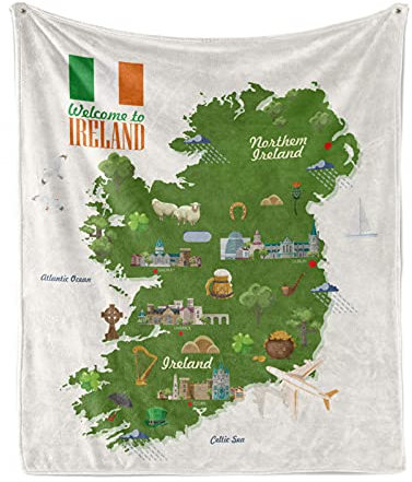 ABAKUHAUS Irland Karte Weiche Kuscheldecke Sofadecke, Artikel Graphic Kultur, Gemütlicher Plüsch für den Innen- und Außenbereich, 175 x 230 cm, Off White Olivgrün