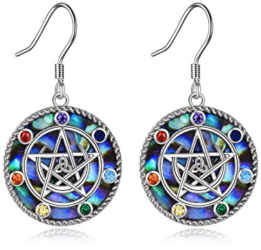 Pentagramm Tropfen Ohrringe 925 Sterling Silber 7 Chakra Ohrringe Stern Mondsichel Schmuck Geschenke für Damen (Pentagramm-Abalone-Muschel)