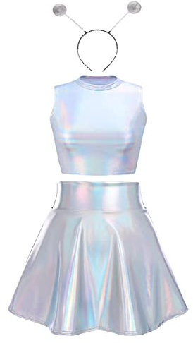 Alien Kostüm Damen - Metallic Glitzer Oberteil Crop Top+Faltenrock Mini Skater Röcke 90er Jahre Outfit Halloween Karneval Fasching Festival Rave Faschingskostüme Laser Silber 01+Alien Haarreif M