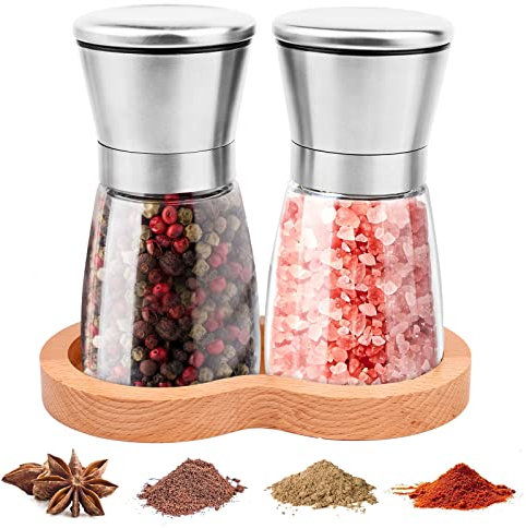 MXTIMWAN 2 Moulins à Poivre et Sel avec Plateau en Bois - Réglable - Acier Inoxydable et Verre - Manuel - Pour la Cuisine et la Maison