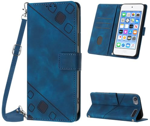 Mo-Beauty Hülle mit iPod Touch 7/6 / 5, PU Leder Flip Crossbody Handyhülle, verstellbare abnehmbare Halskette [Ständer] [Kartenfach] [Magnet] Schutzhülle für iPod Touch 7 - Blau
