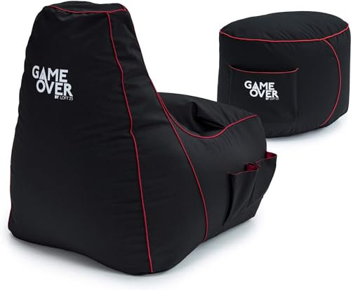Game Over Video Gaming Sitzsack Spielen Stuhl und Fußhocker | Drinnen Draußen Wasserbeständig Bean Bag | Seitentaschen für Controller | Headset Halter | Ergonomisches Design (Elektrisches Karminrot)
