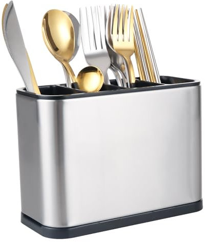 WOPPLXY 4 Fächer Besteckhalter, 13 x 18 x 8,6 cm Utensilienhalter Küche mit Abtropfgestell, Multifunktionales Küchenutensilienhalter aus Edelstahl für Küchenutensilien und Besteck