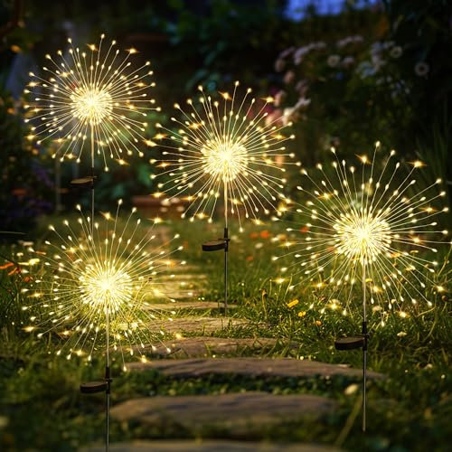 GIGALUMI Lot de 4 Solaires Extérieur Jardin,120 LED Feux d'artifice Solaires,Étanche Lampe Solaire de Pissenlit pour Cour, Pelouse, Fête, Patio, Décoration de Mariage (blanc chaud)